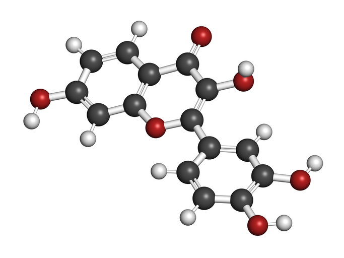 Fisetin plant polyphenol molecule. 3D rendering. Fisetin plant polyphenol molecule. 3D rendering. Atoms are represented as spheres with conventional color coding.